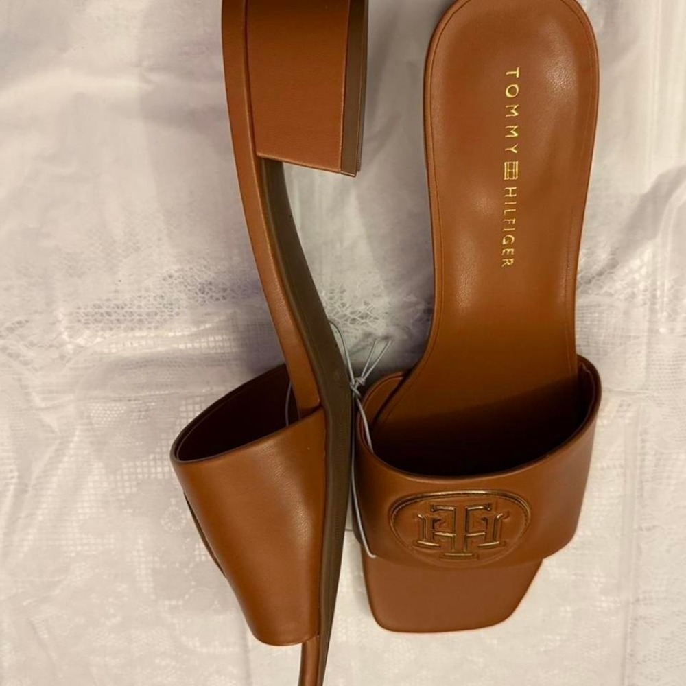 Tommy Hilfiger Womens Brown Leather Block Heel Slide Sandals Monogram Logo 11M
